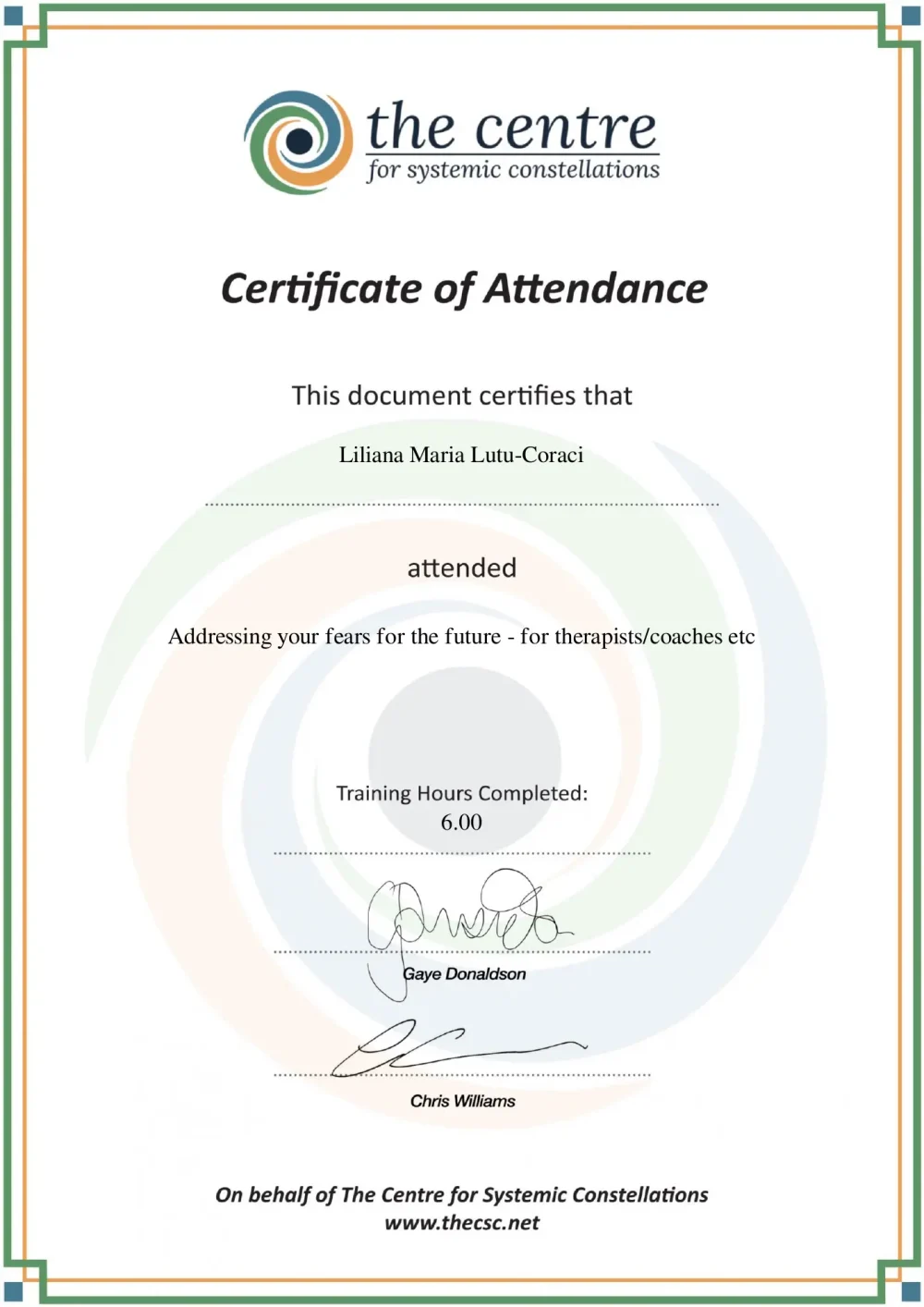 Certificat Liliana Luțu-Corâci – Addressing Your Fears for the Future, Centre for Systemic Constellations