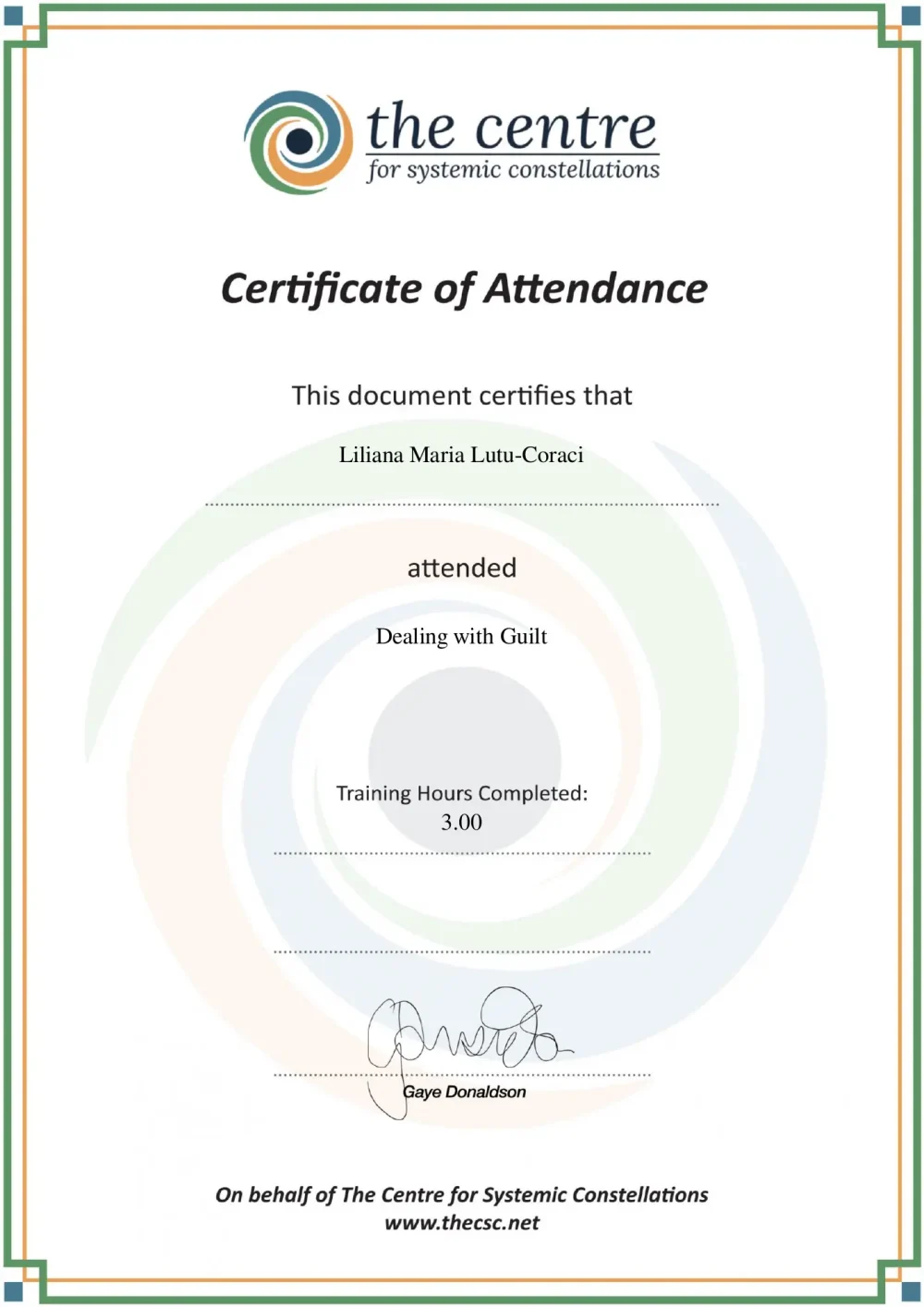 Certificat Liliana Luțu-Corâci – Dealing with Guilt, Centre for Systemic Constellations