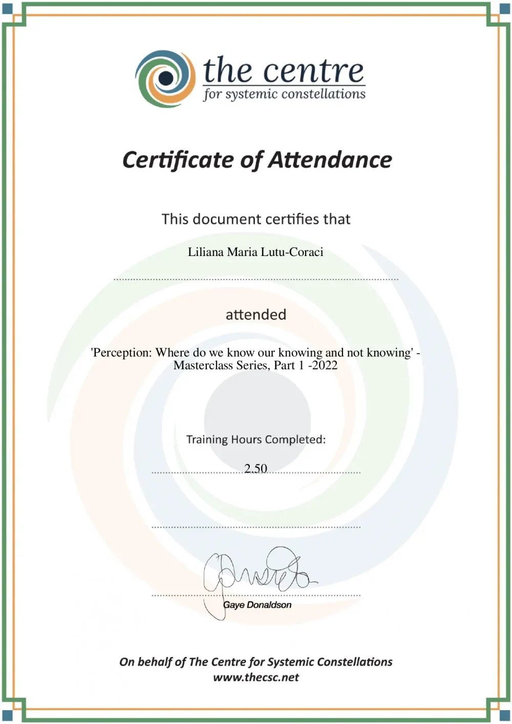 Certificat Liliana Luțu-Corâci – Perception Masterclass Part 1, Centre for Systemic Constellations