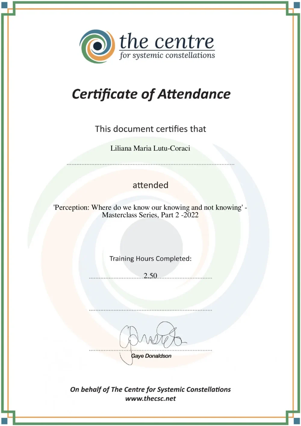 Certificat Liliana Luțu-Corâci – Perception Masterclass Part 2, Centre for Systemic Constellations