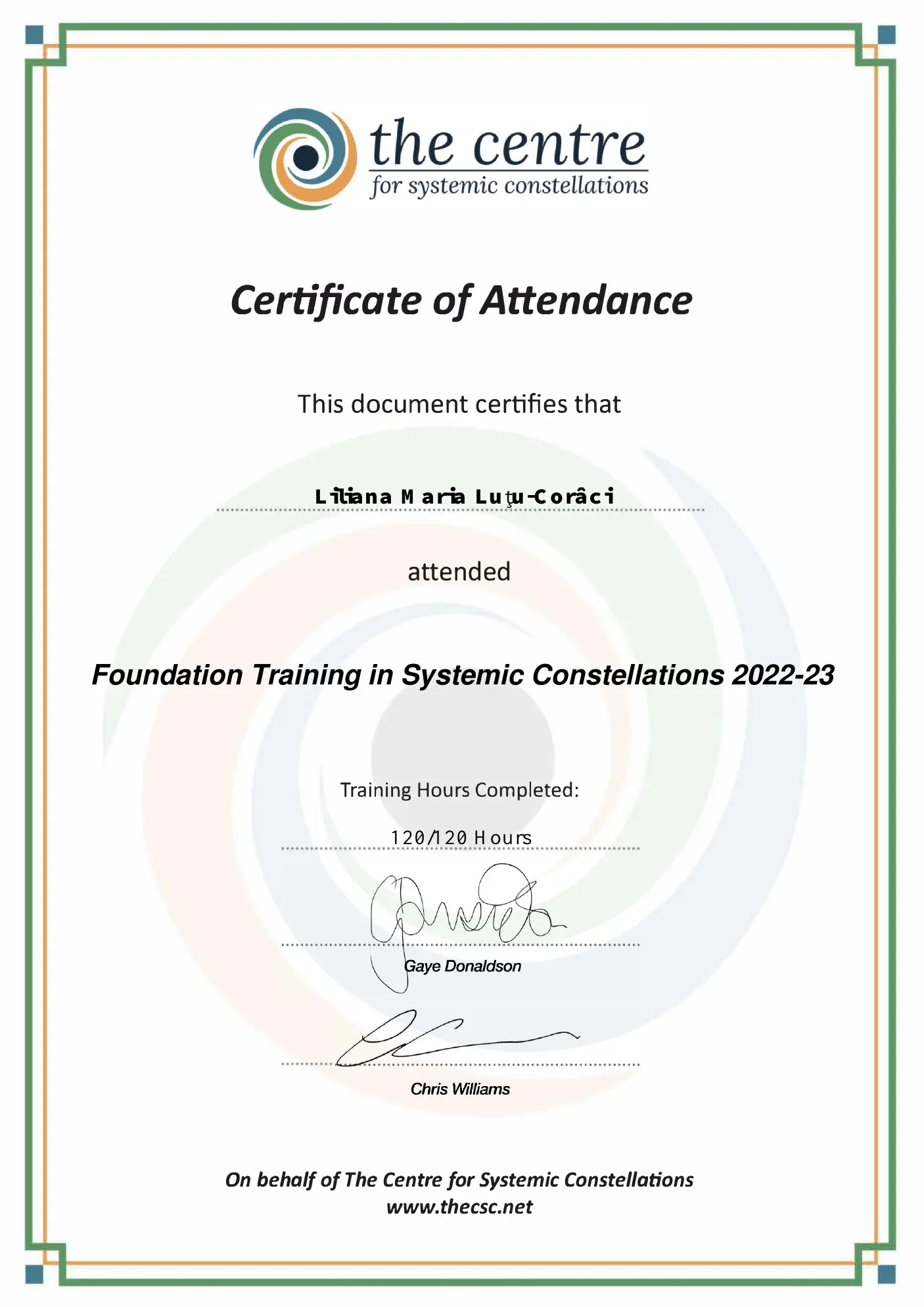 Diplomă Liliana Luțu-Corâci – Foundation Training in Systemic Constellations